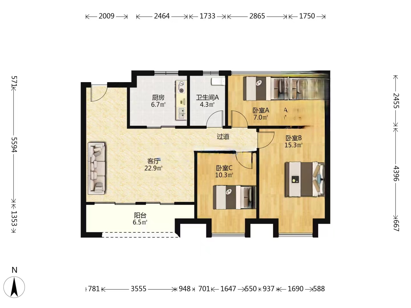 世茂云锦（九龙庭广场） 3室2厅2卫 107m&sup2;