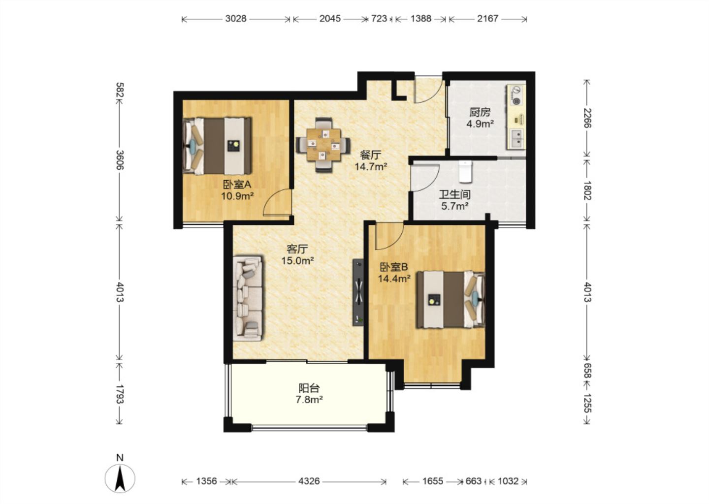 帝奥北城名郡 2室2厅1卫 101m&sup2;