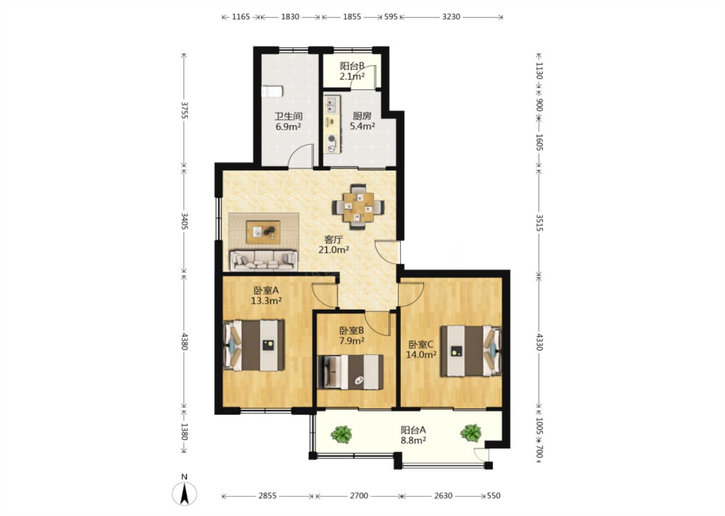 观阳名邸 2室2厅1卫 98.00m&sup2;