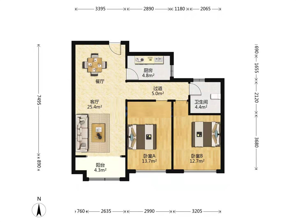 山景水岸 2室1厅1卫 92m&sup2;