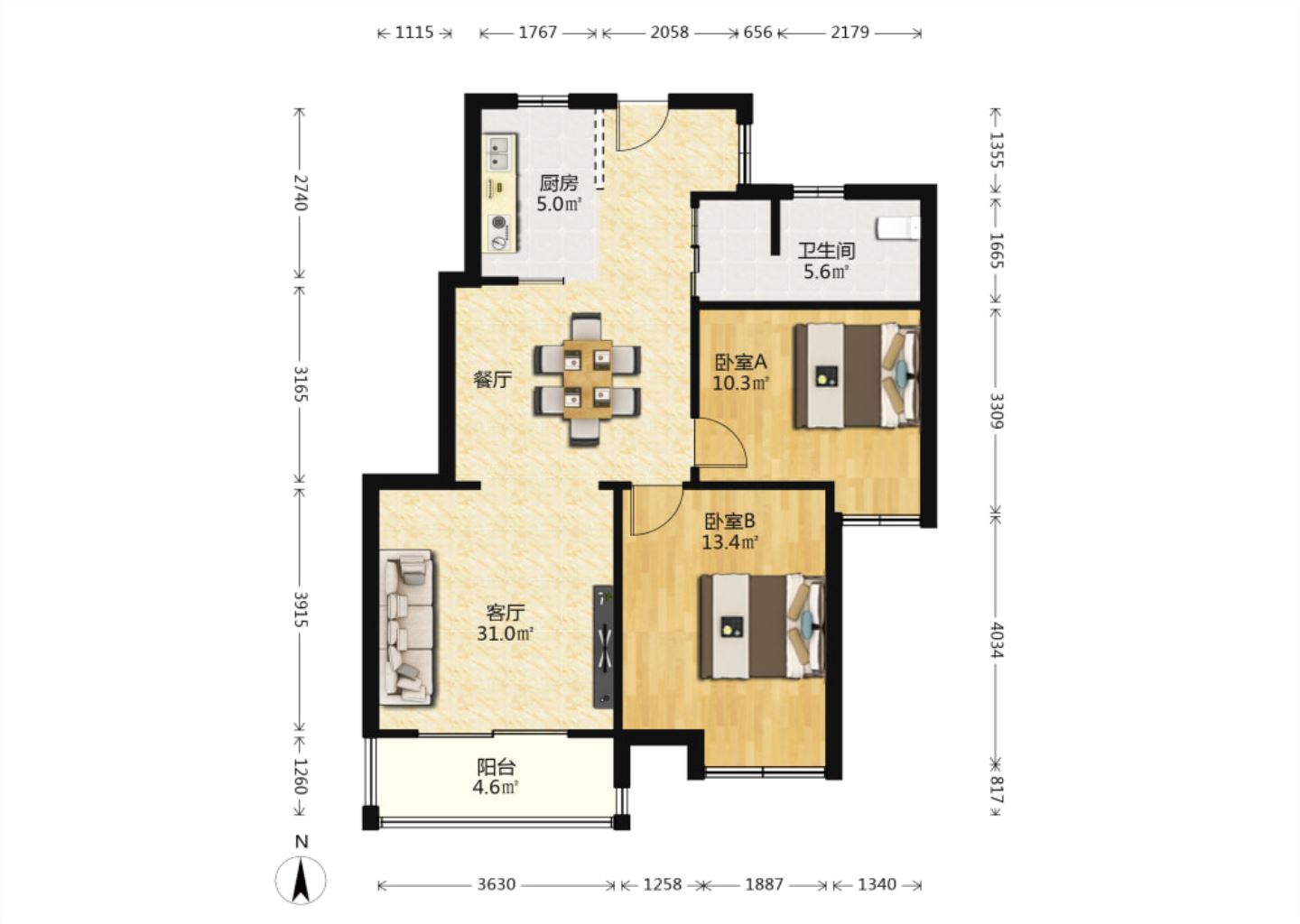 尚海城 2室1厅1卫 90m&sup2;