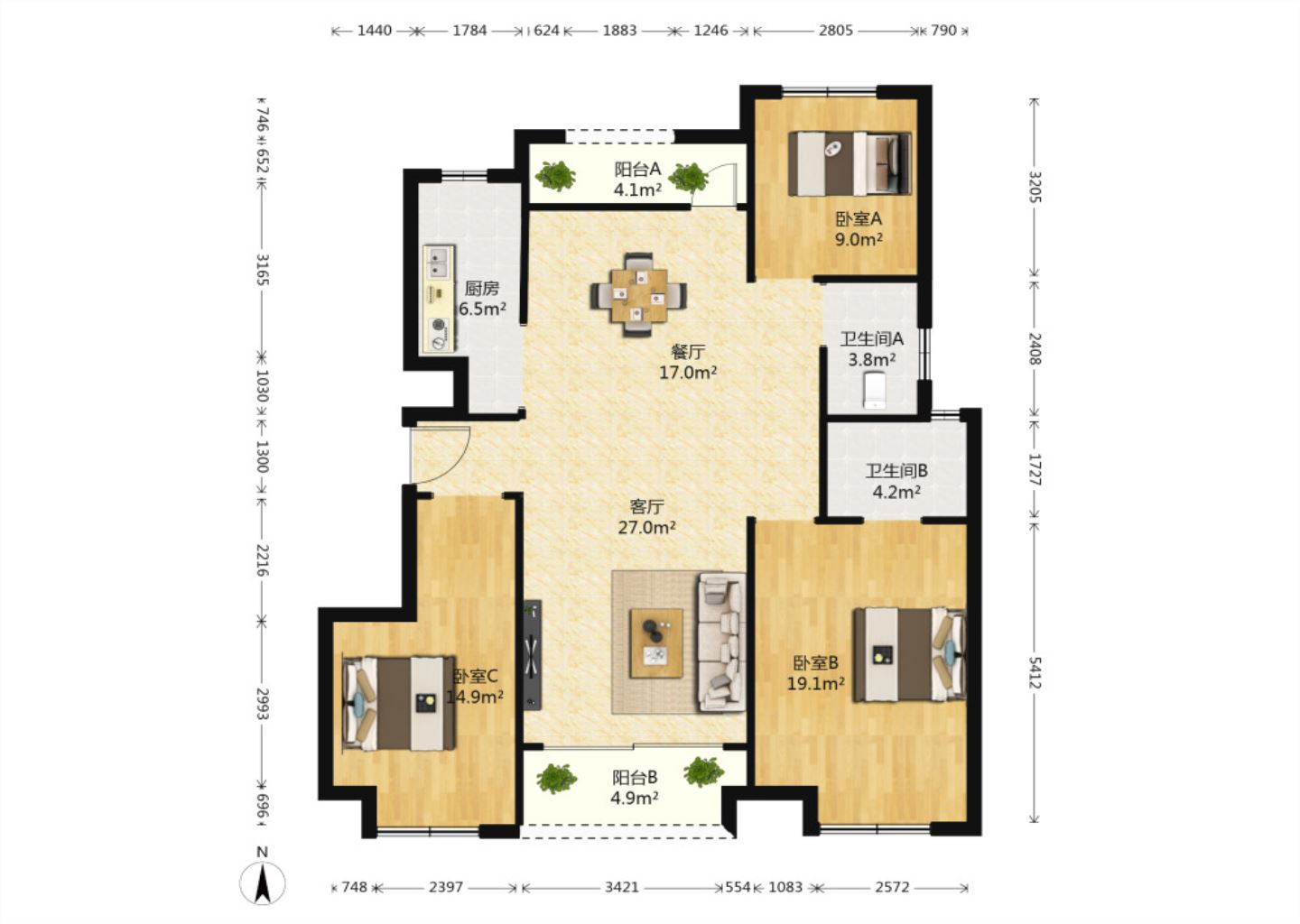 中海上林院 3室2厅2卫 125m&sup2;