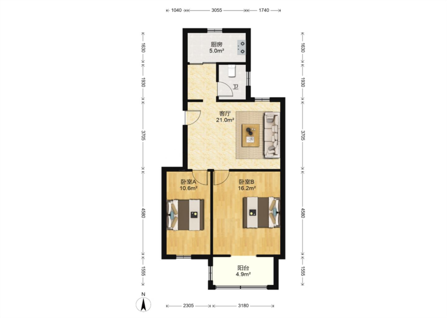 民心花园 2室1厅1卫 69.90m&sup2;