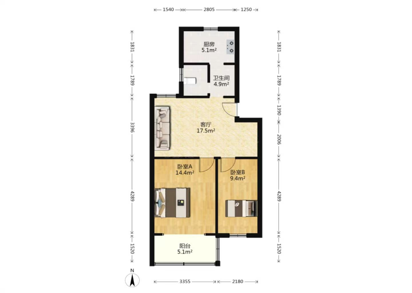 民心花园 2室1厅1卫 69.93m&sup2;