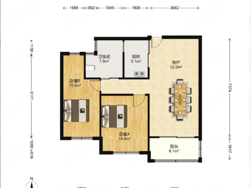景华城 2室2厅1卫 104.00m&sup2;