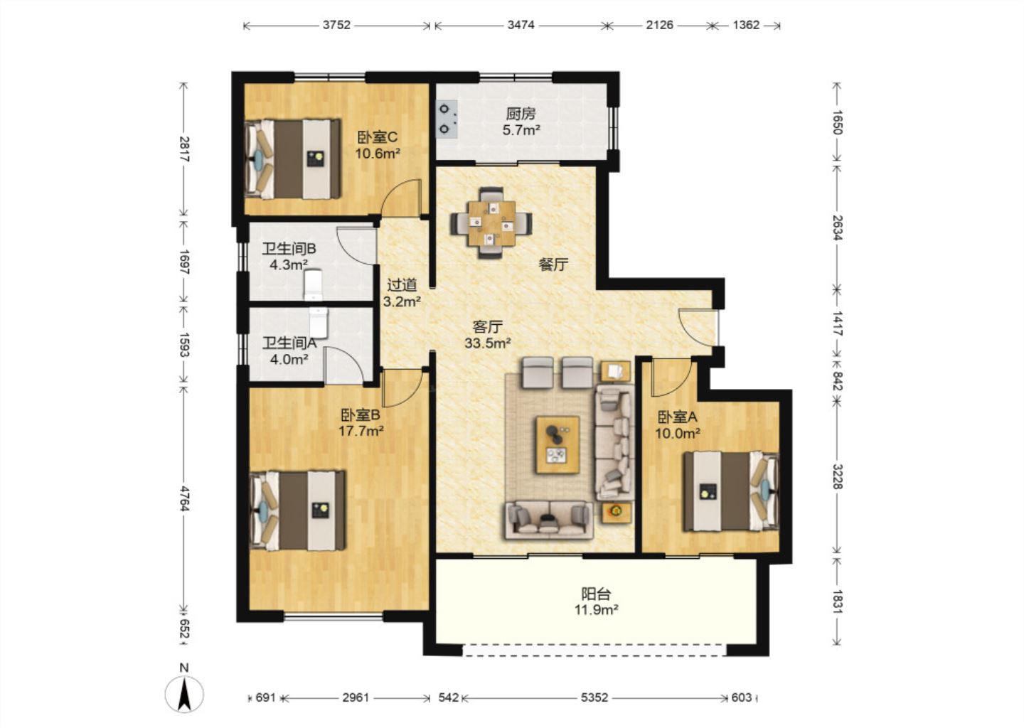 中海上东区 3室2厅2卫 127m&sup2;