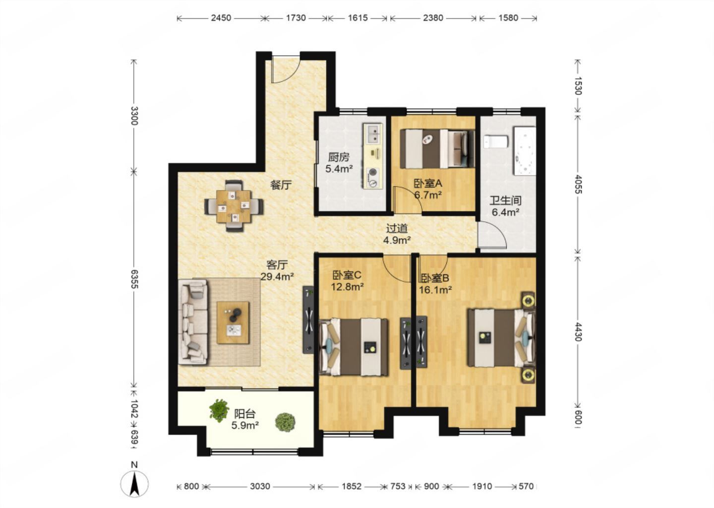 万科金域蓝湾 3室2厅1卫 108m&sup2;