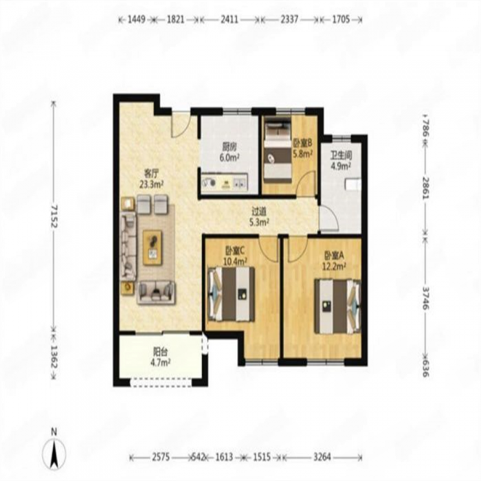 景瑞御府 3室2厅1卫 93m&sup2;
