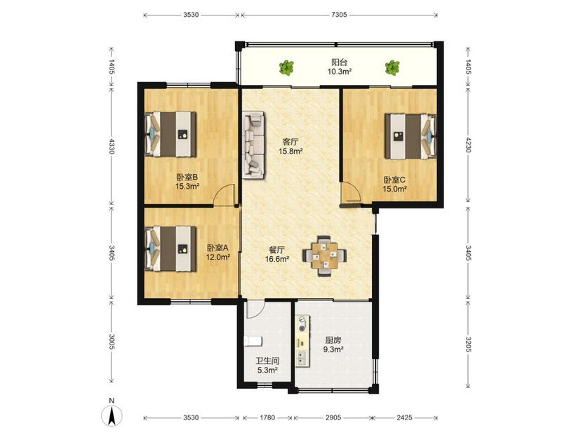 天勤家园 3室2厅1卫 115m&sup2;