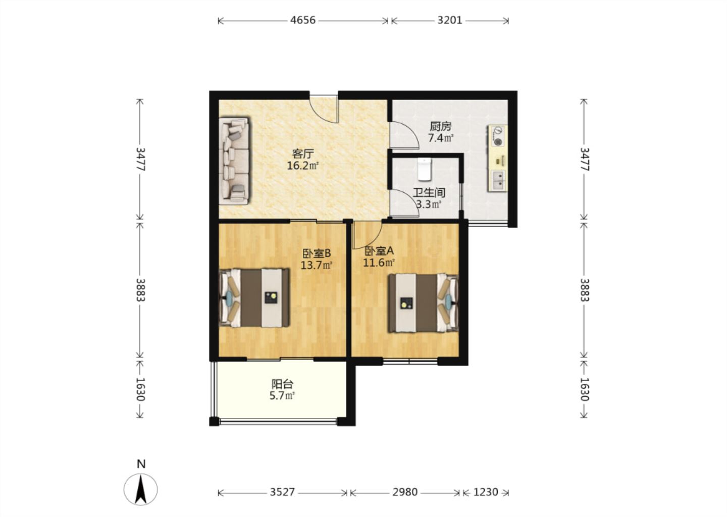 学士府 2室1厅1卫 75m&sup2;