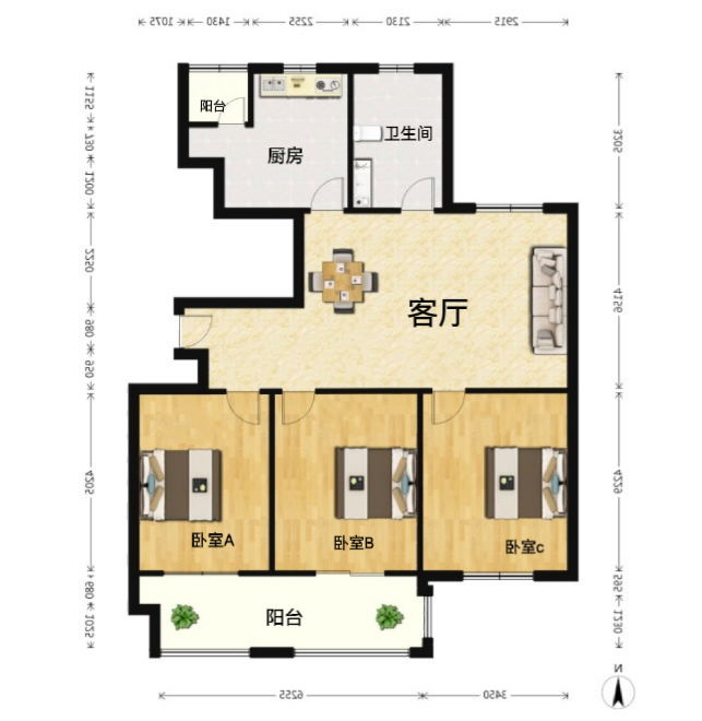 紫东南苑南区 3室2厅1卫 131m&sup2;