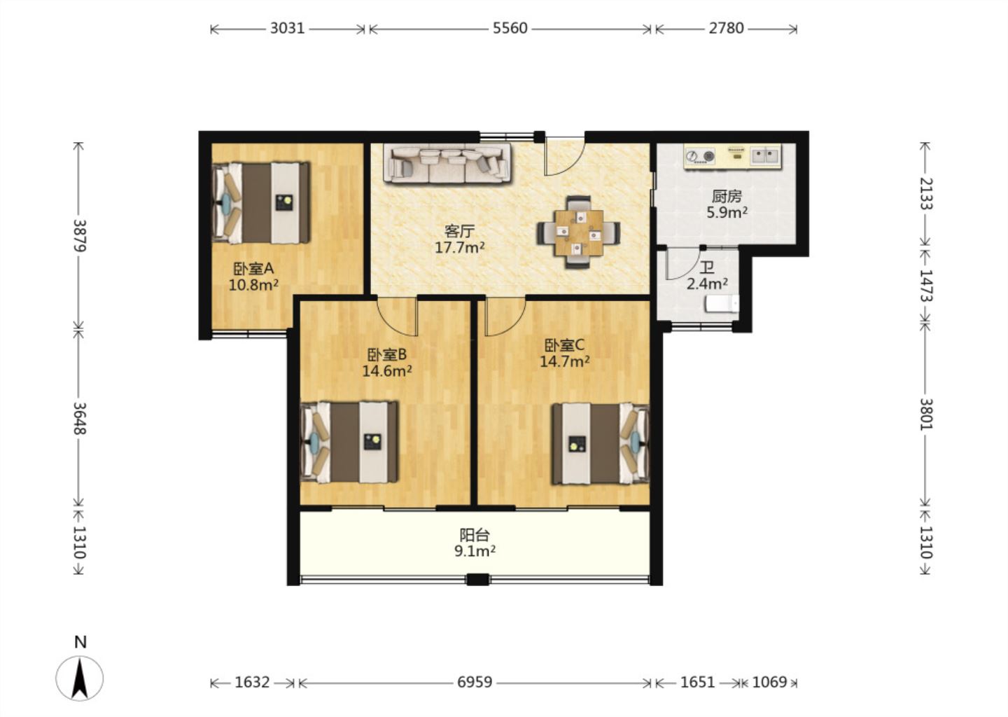 融悦华庭 3室1厅1卫 100.00m&sup2;