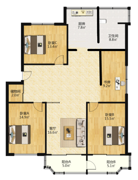 天都花苑 3室2厅2卫 144.40m&sup2;