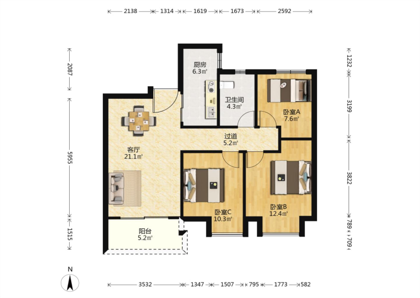 中海碧林湾 3室2厅1卫 97m&sup2;