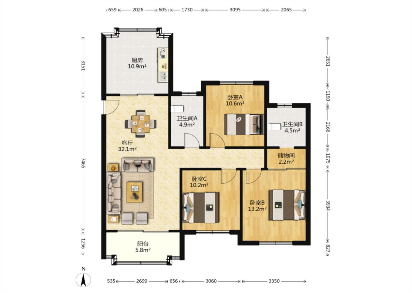 中南世纪花城二期 3室2厅2卫 129m&sup2;