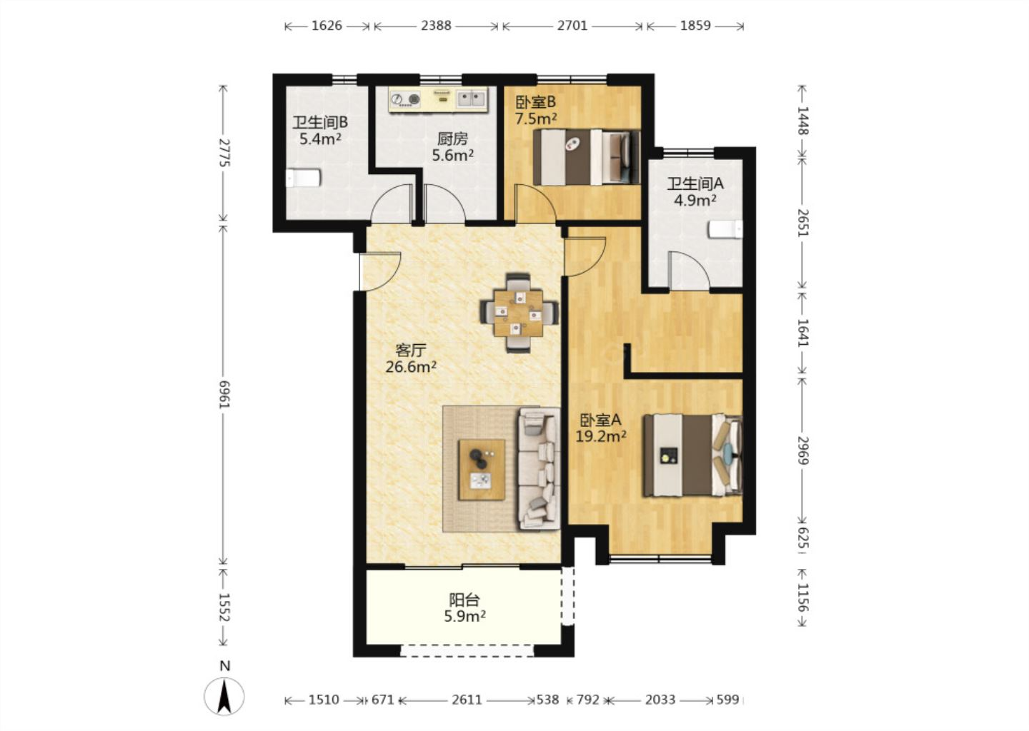 龙湖天宸源著 2室2厅2卫 97.00m&sup2;