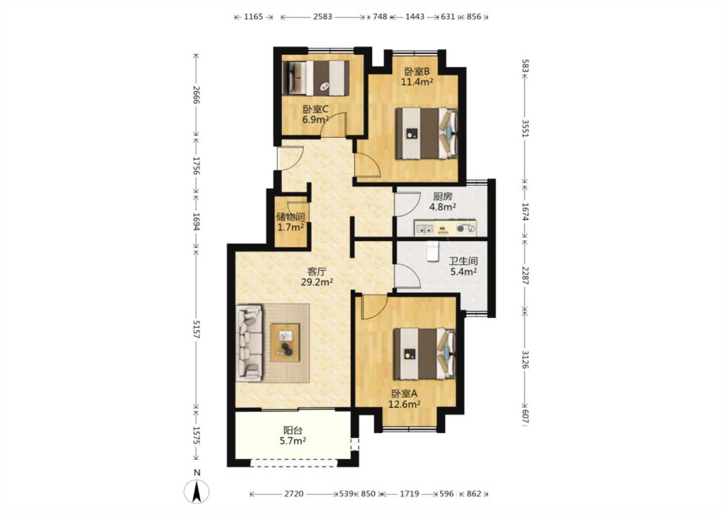 龙湖天宸源著 3室2厅1卫 97.54m&sup2;