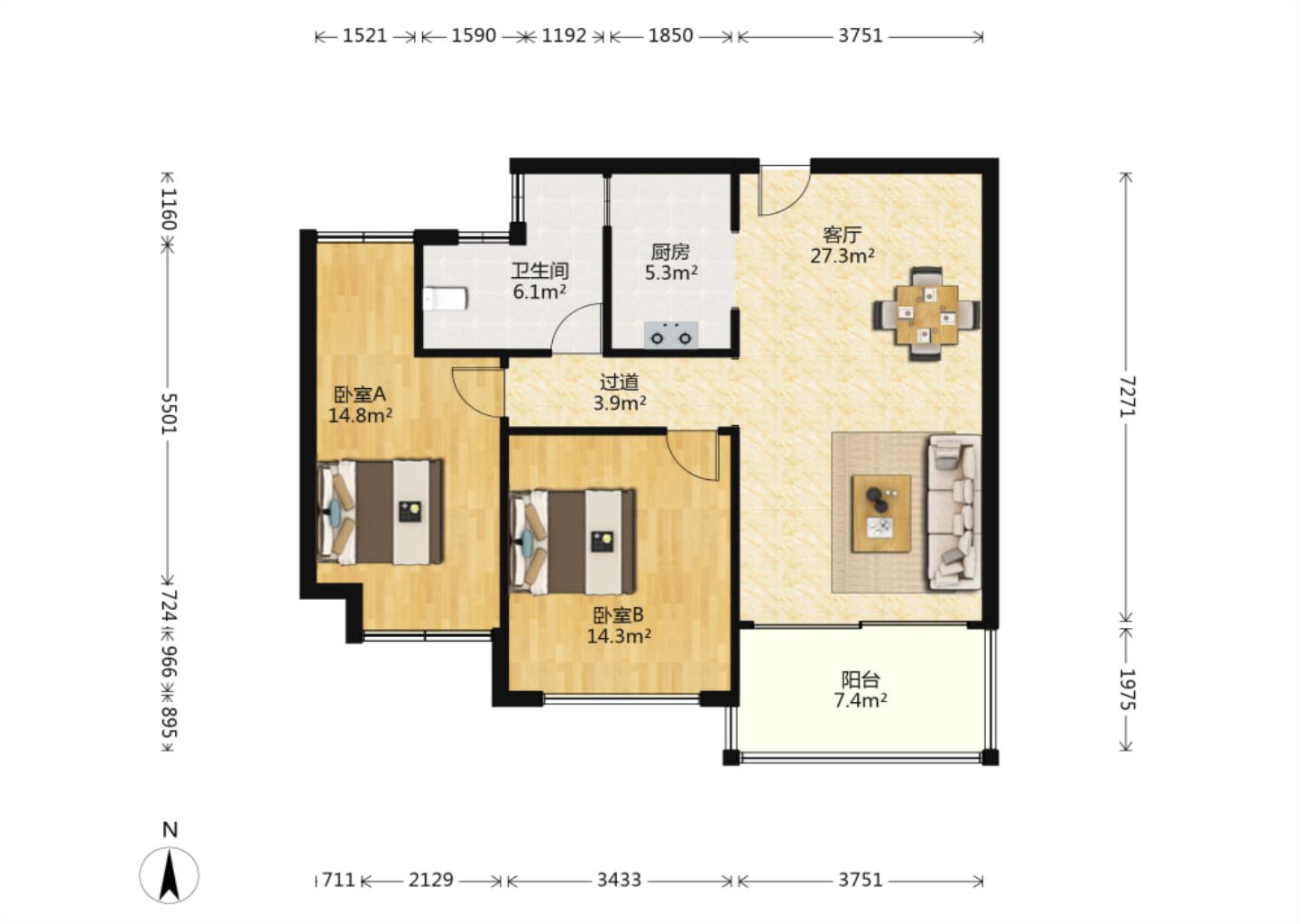 景华城 2室2厅1卫 103.9m&sup2;