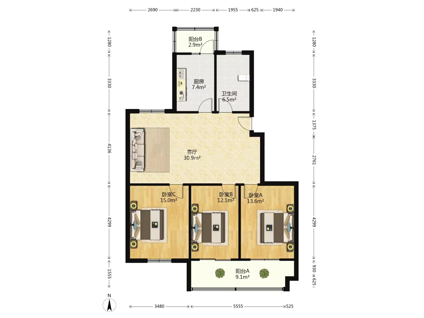 和润花苑 3室2厅1卫 129m&sup2;