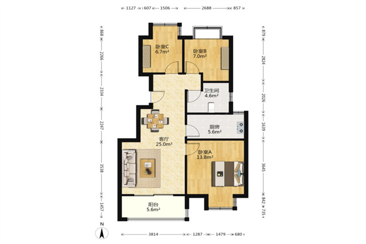 中港城 3室2厅1卫 89m&sup2;