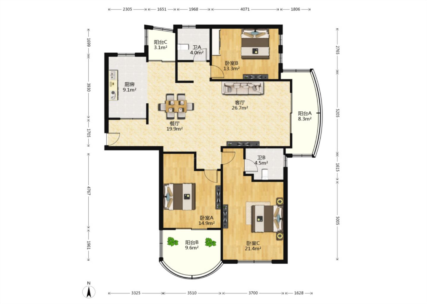 高迪晶城 3室2厅2卫 157m&sup2;