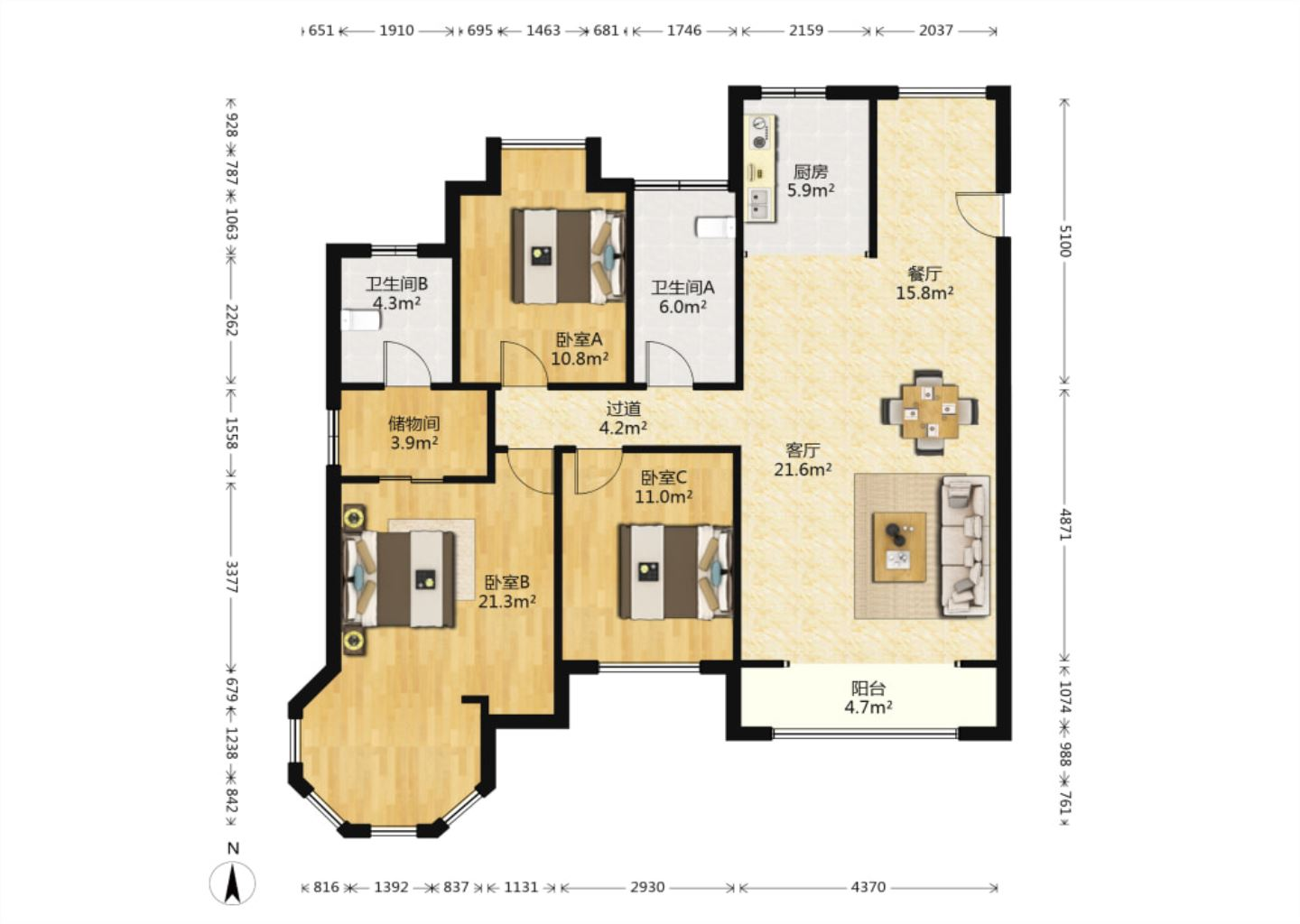 中南世纪花城二期 3室2厅2卫 138.8m&sup2;