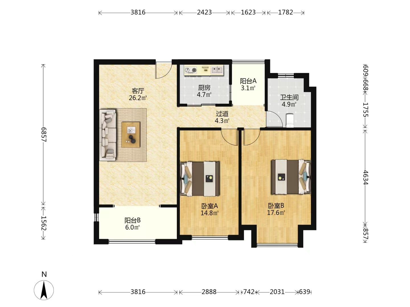 中南世纪花城一期 2室2厅1卫 101.92m&sup2;