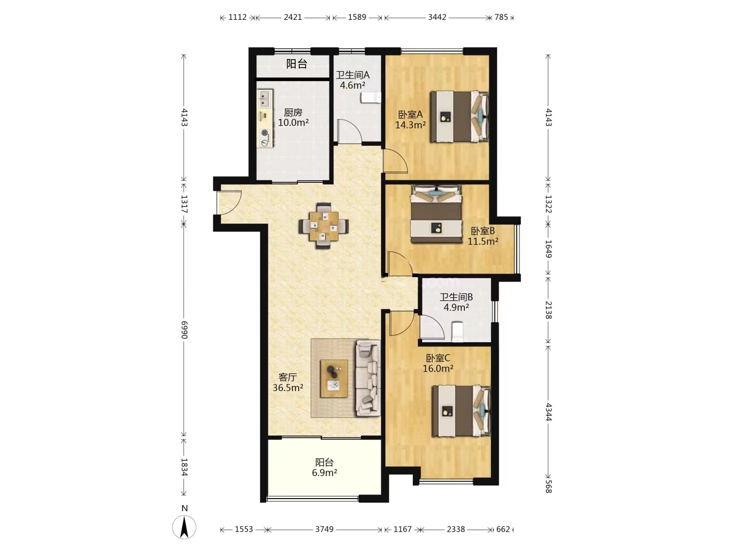 景华城 3室2厅2卫 133m&sup2;