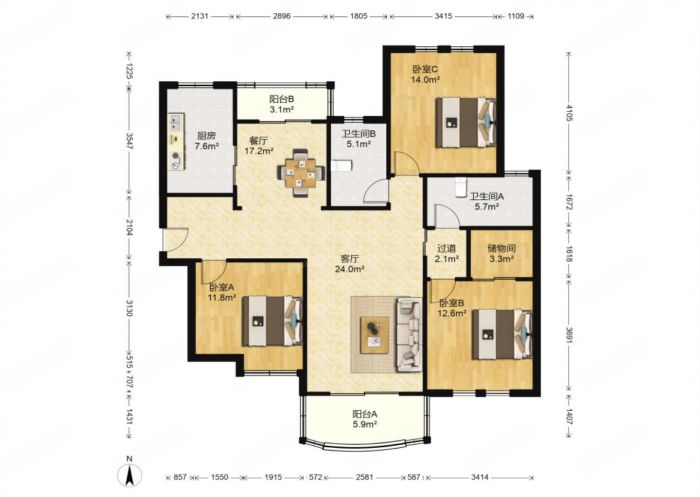 高迪晶城 3室2厅2卫 145m&sup2;