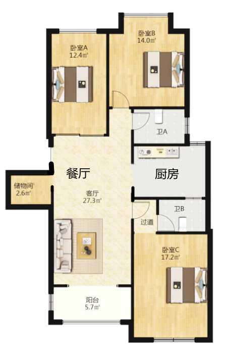 悦达悦海名邸 3室2厅2卫 123m&sup2;