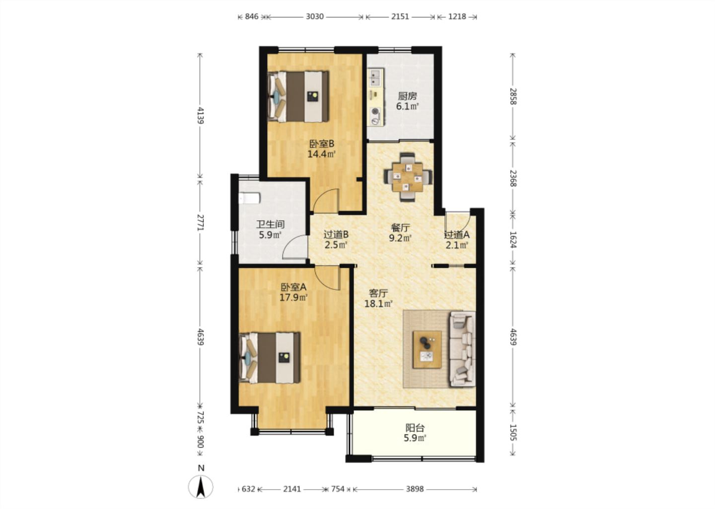 盛和永兴花苑 2室2厅1卫 98m&sup2;