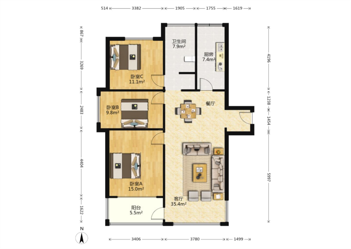 苏建名都城 3室2厅1卫 108m&sup2;