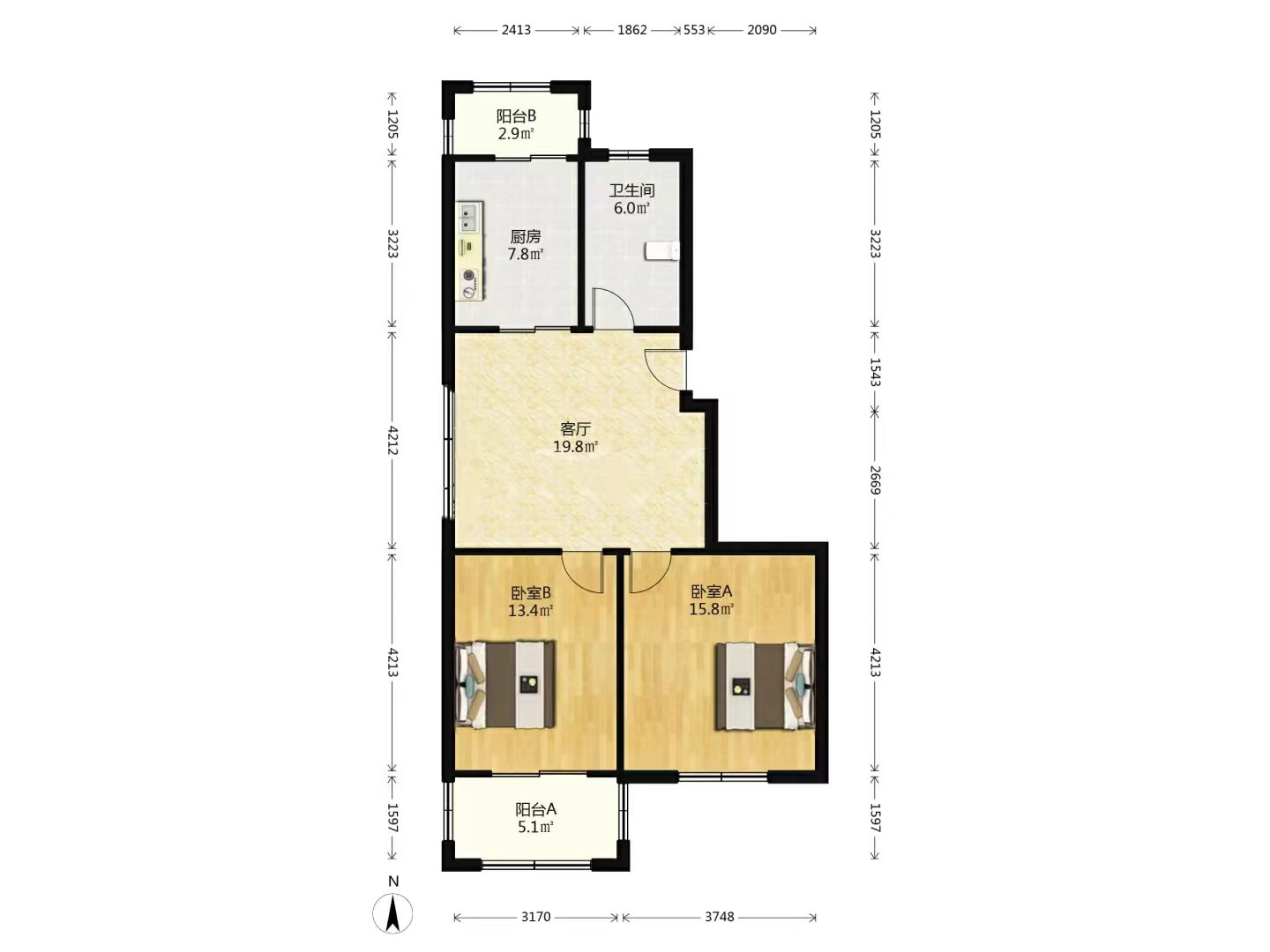 江海东苑 2室2厅1卫 96m&sup2;