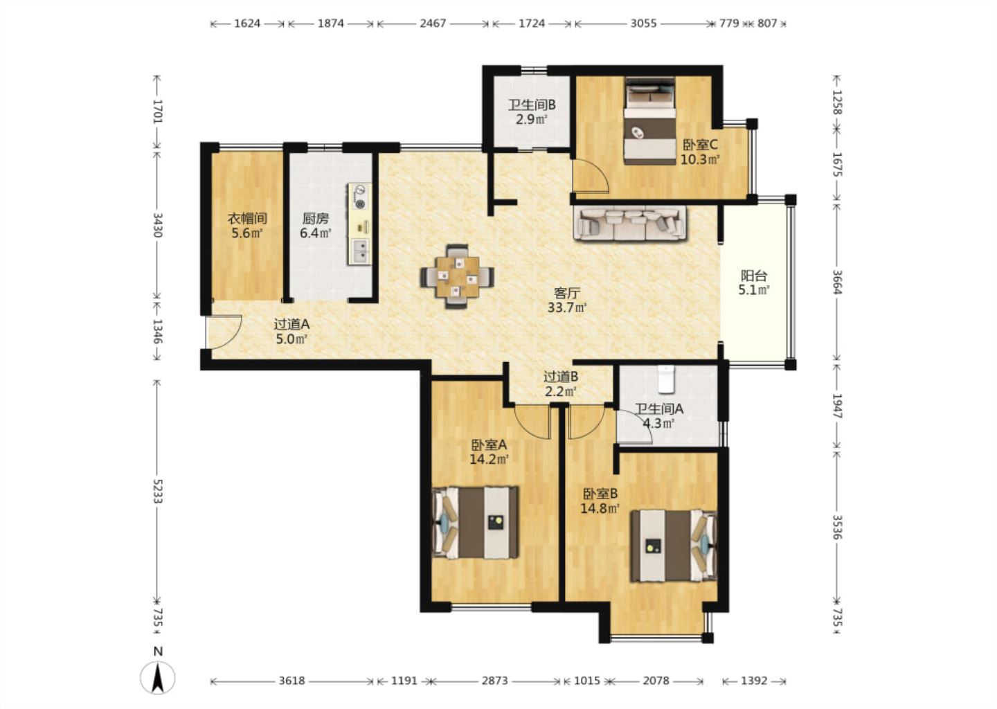 华强城 3室2厅2卫 125.77m&sup2;