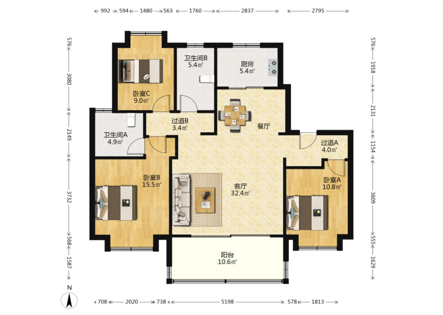 万濠禧园 3室2厅2卫 128m&sup2;