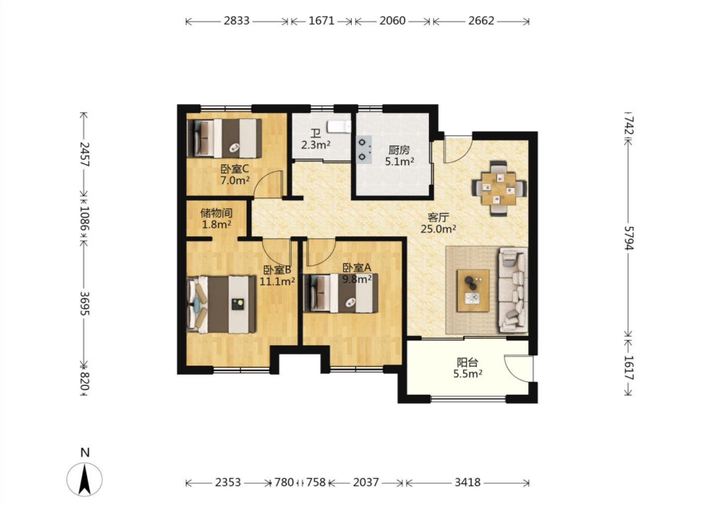 新城香溢紫郡 3室2厅1卫 97m&sup2;