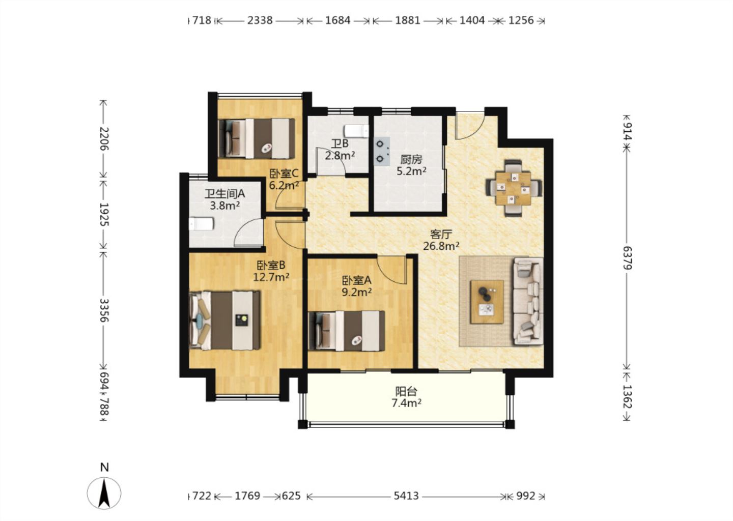 雍华府 3室2厅2卫 98.59m&sup2;
