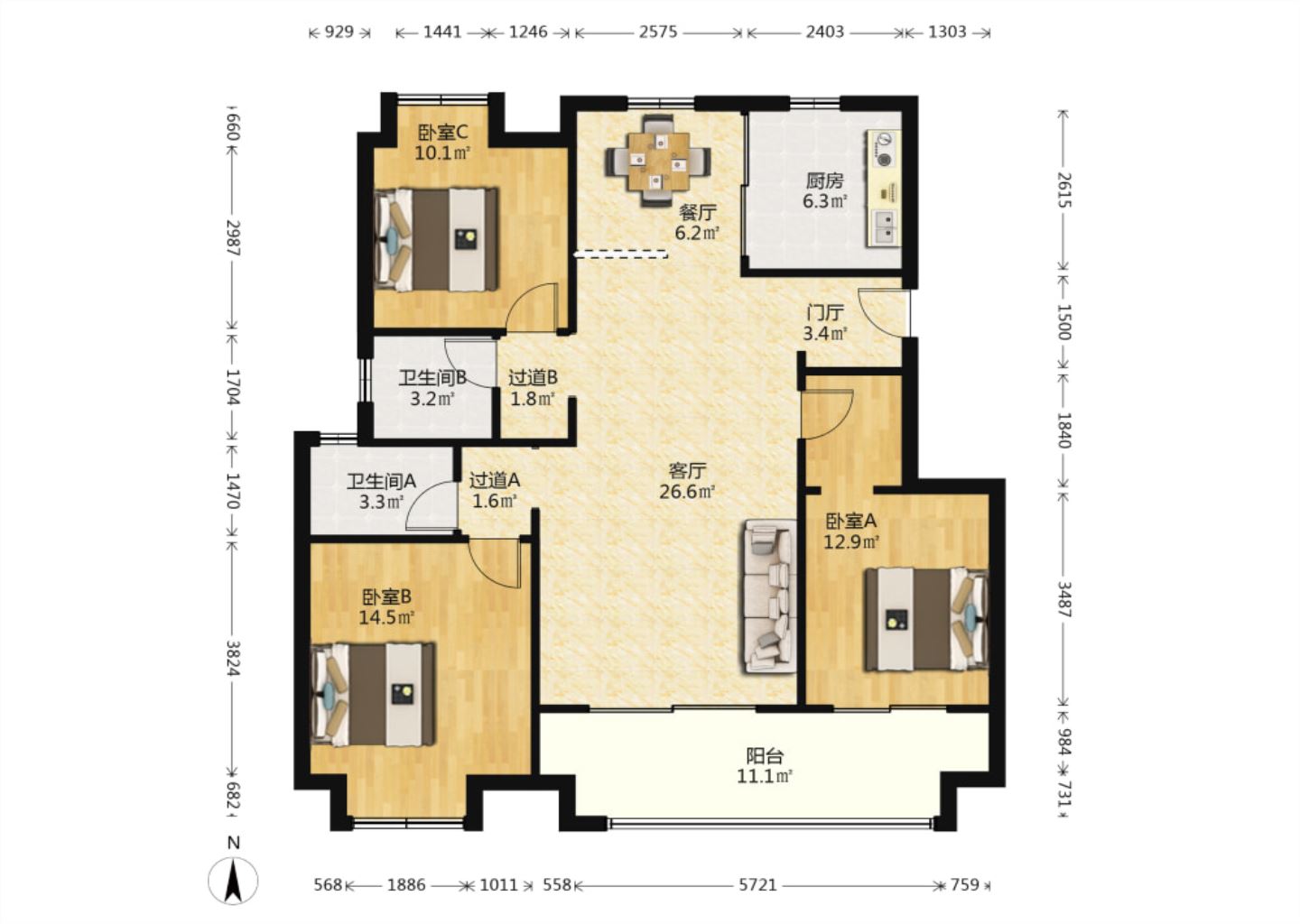 新城香溢紫郡 3室2厅2卫 120.00m&sup2;