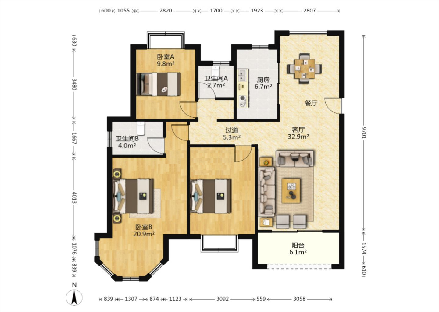 中南世纪花城三期 3室2厅2卫 130m&sup2;