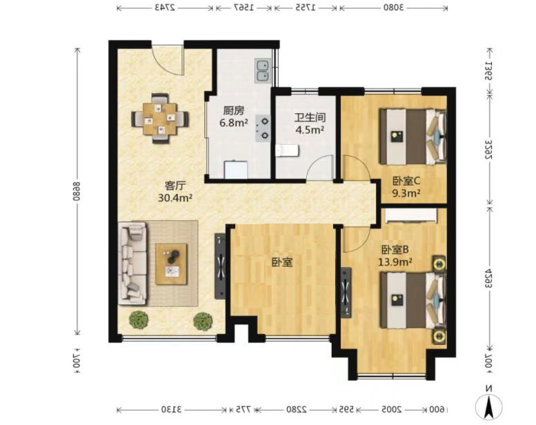 万达华府 3室2厅1卫 90.89m²