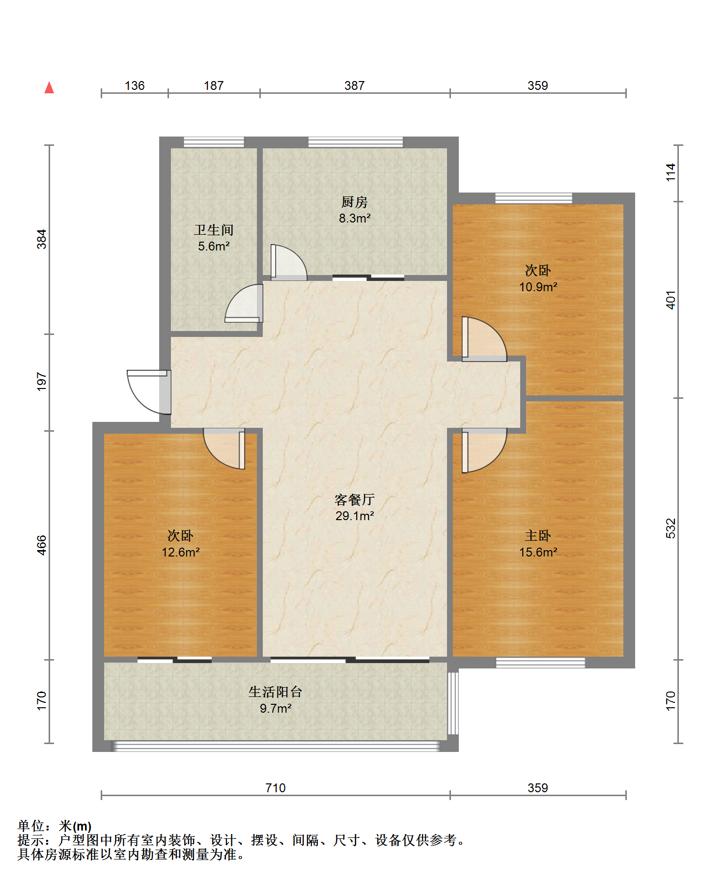 新桃园 3室1厅1卫 107m&sup2;