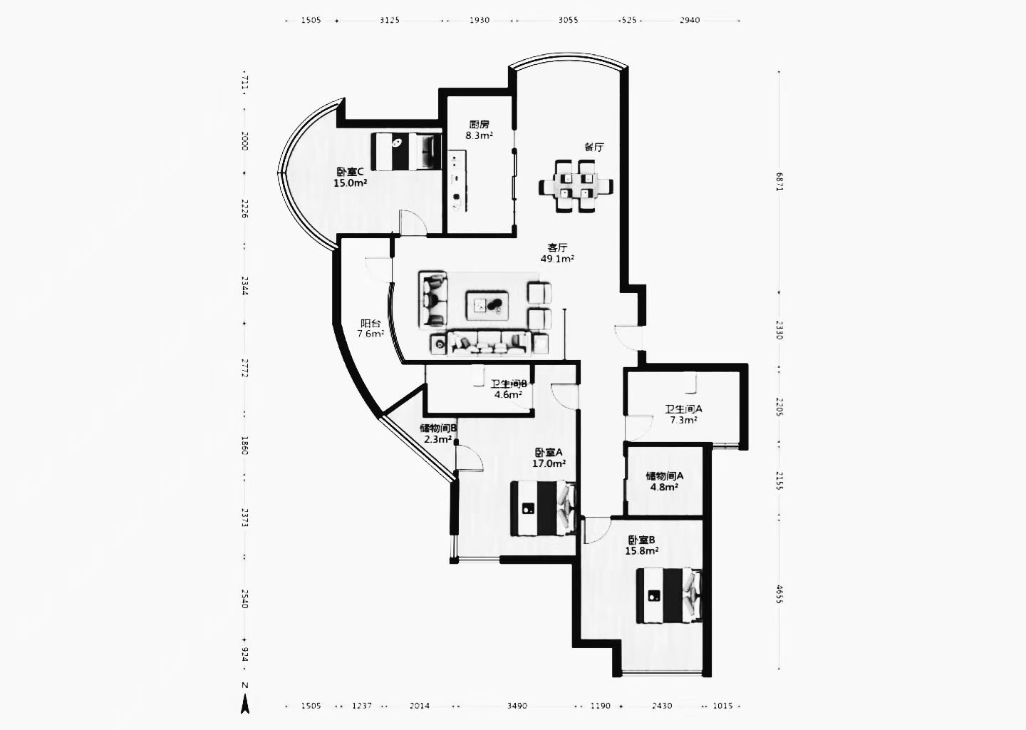 绿城玉兰公寓 3室2厅2卫 163m&sup2;