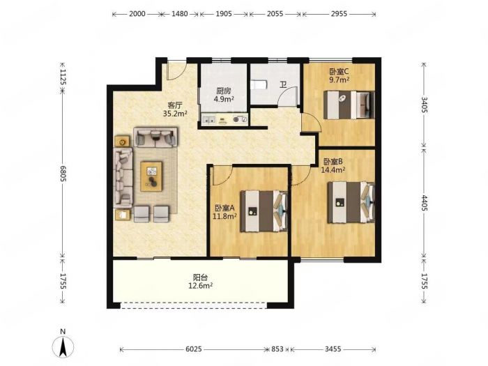 远创东樾 3室2厅1卫 107m&sup2;