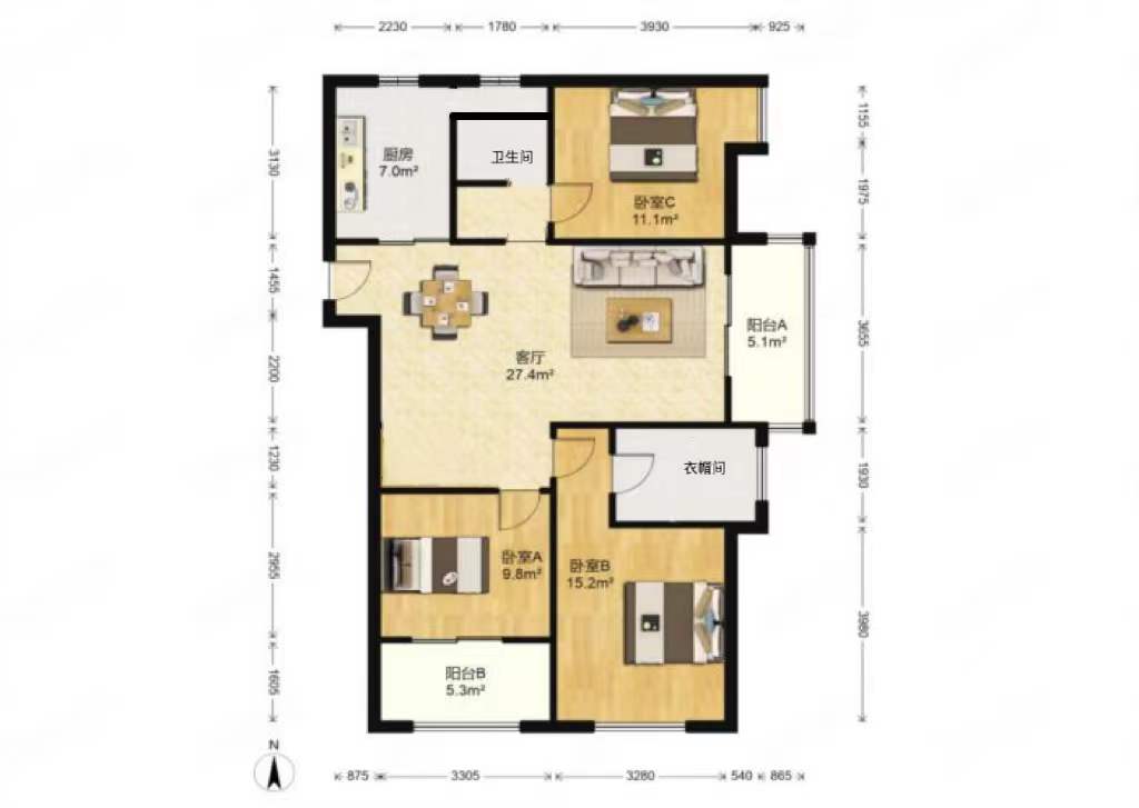 万濠星城 3室2厅1卫 128m²