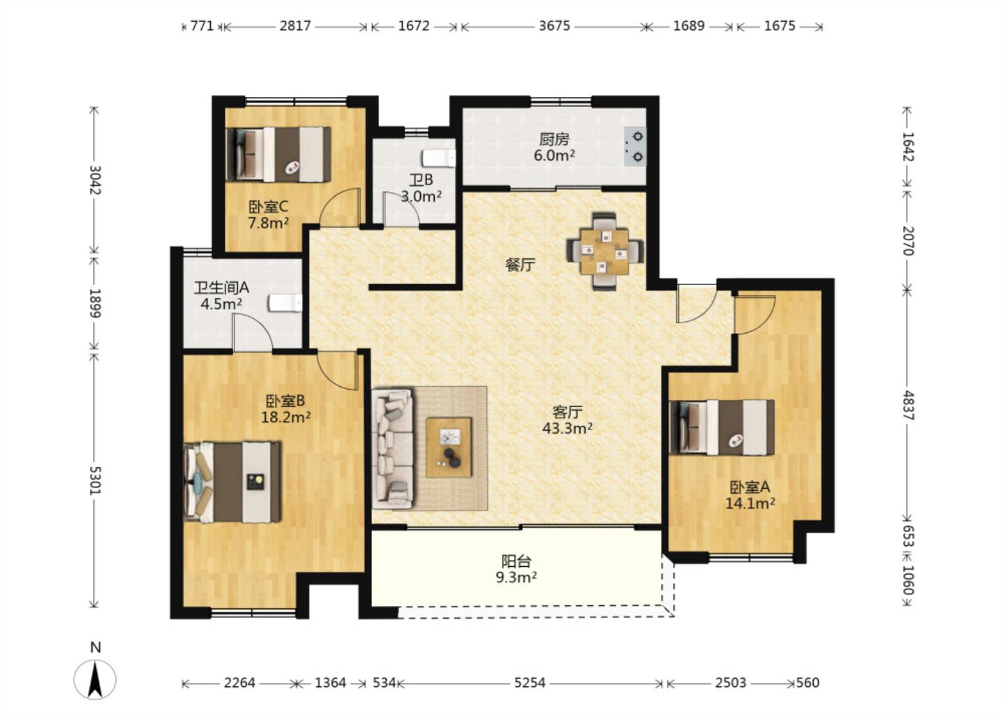 万科翡翠东第 3室2厅2卫 129m&sup2;