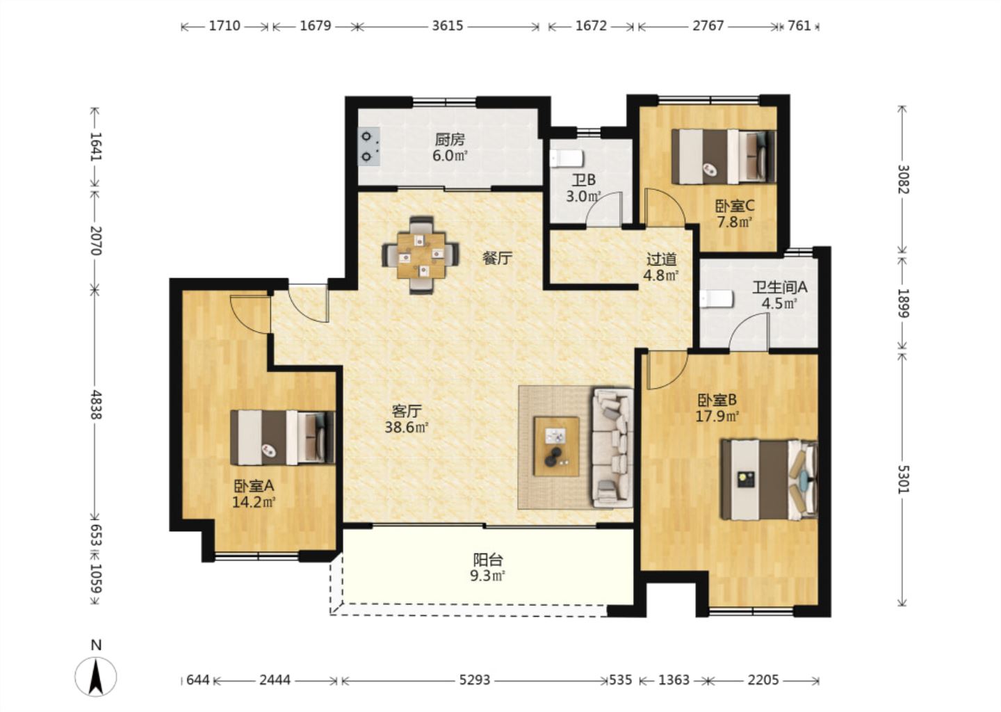 万科翡翠东第 3室2厅2卫 130m&sup2;