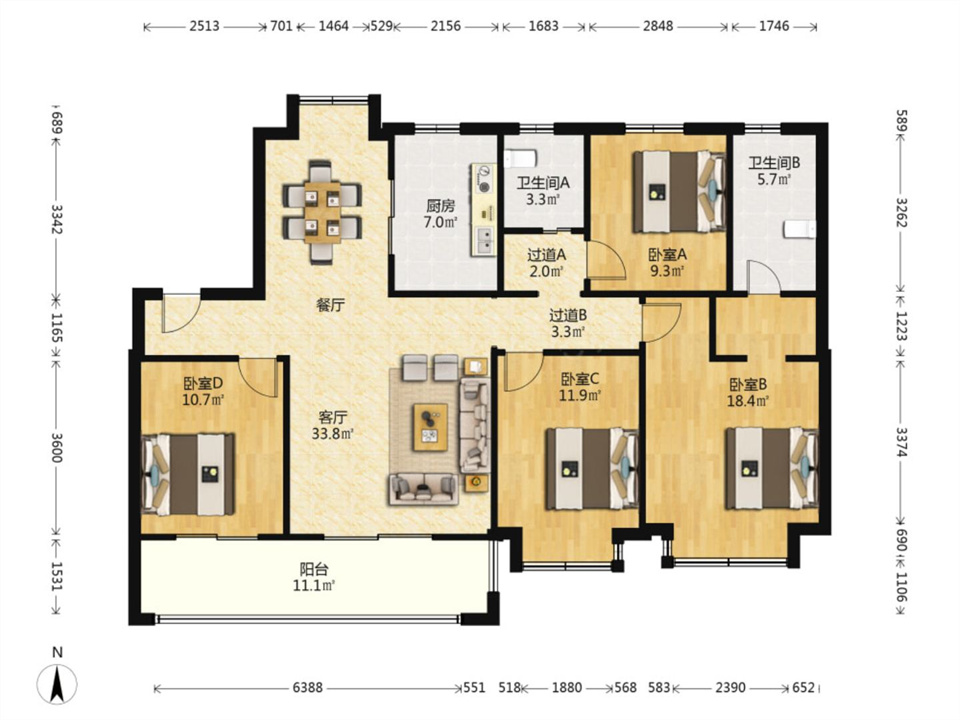 融创时代中心 4室2厅2卫 140m&sup2;