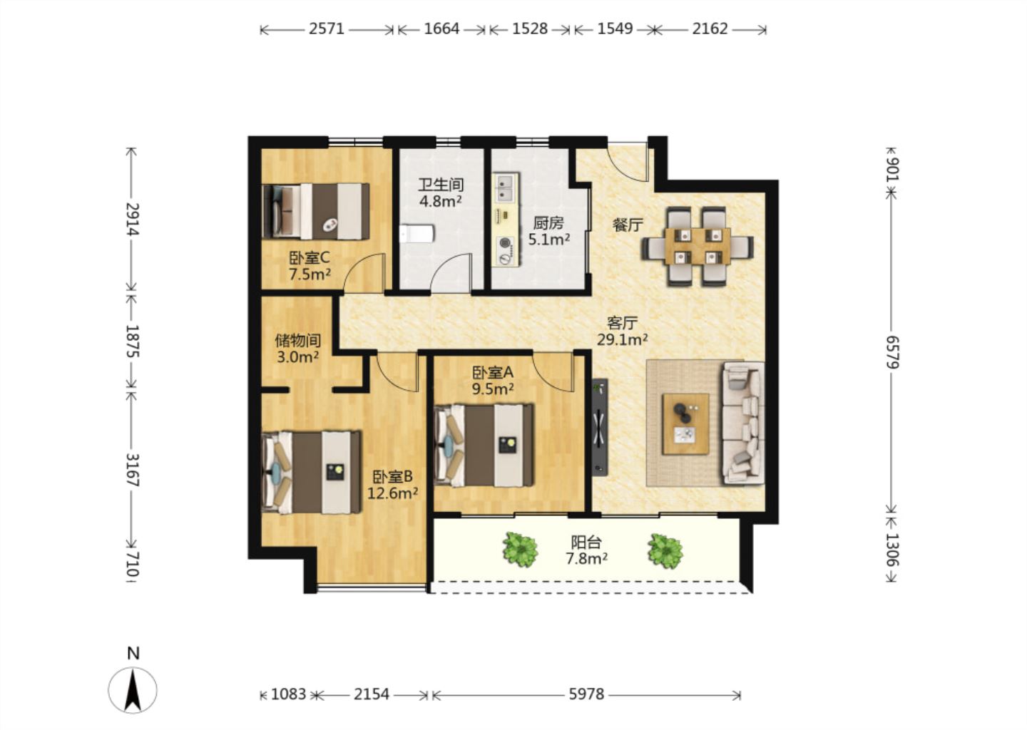 绿城&middot;诚园 3室2厅1卫 97m&sup2;