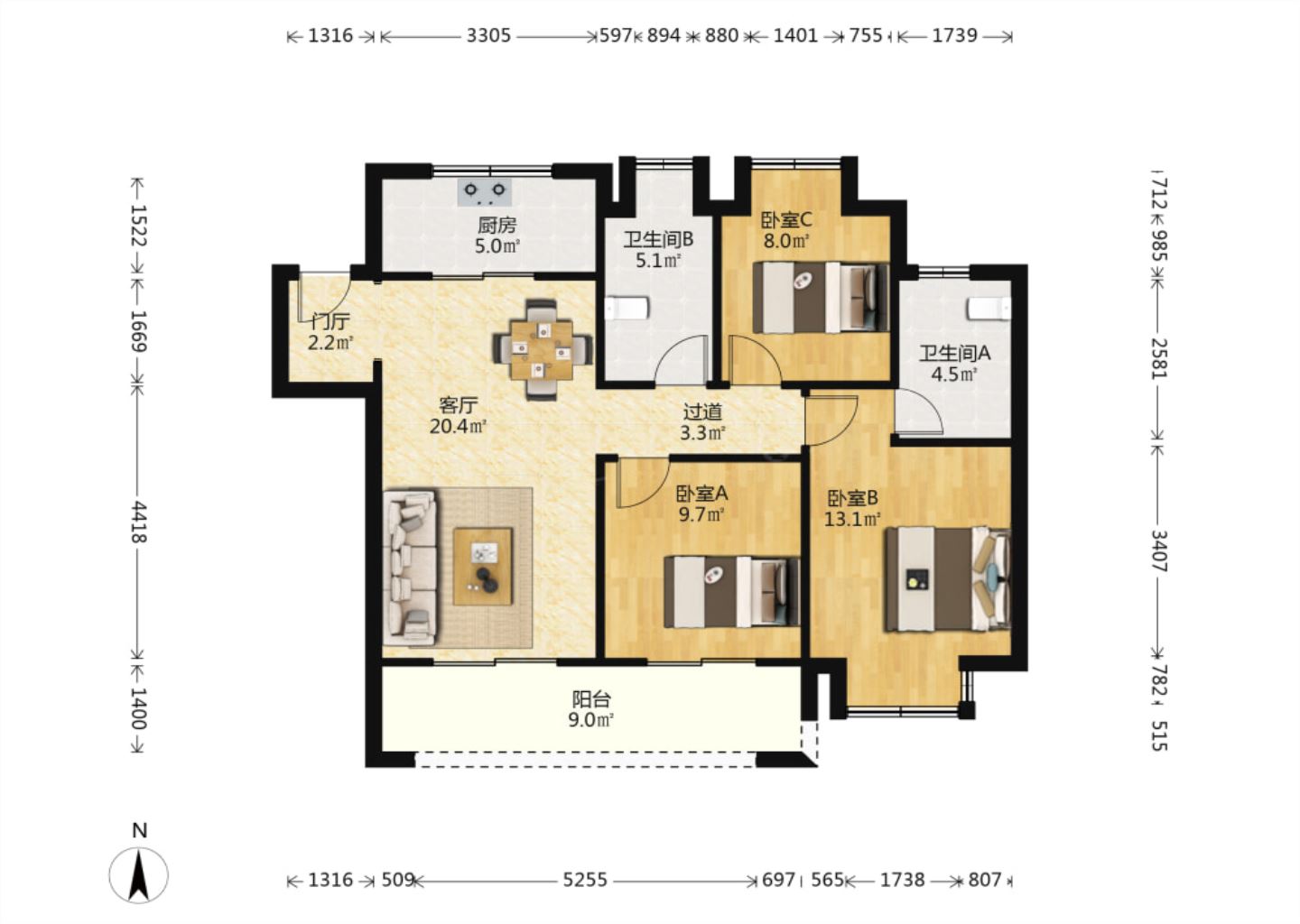 融创时代中心 3室2厅2卫 109m&sup2;