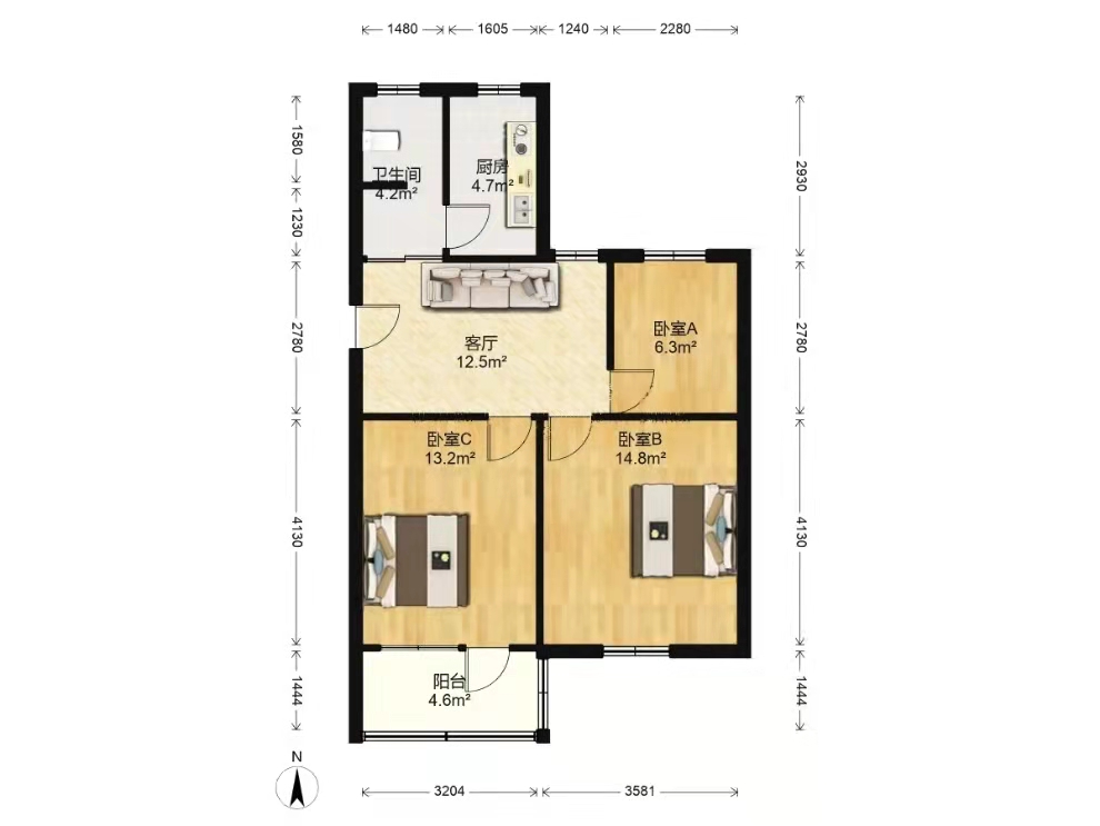 白家园 3室1厅1卫 75m&sup2;